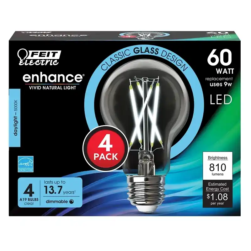 Feit Enhance A19 E26 (medium) Filament Led Bulb Daylight 60 Watt Equivalence 4 Pk