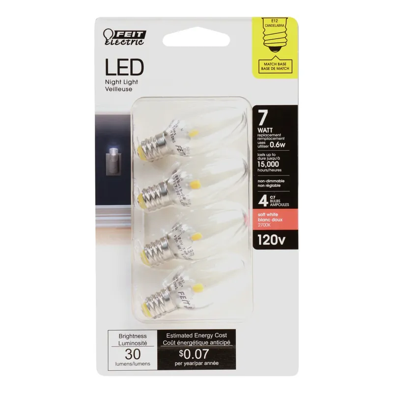 C7 E12 (candelabra) Led Bulb Soft White 7 Watt Equivalence 4 Pk