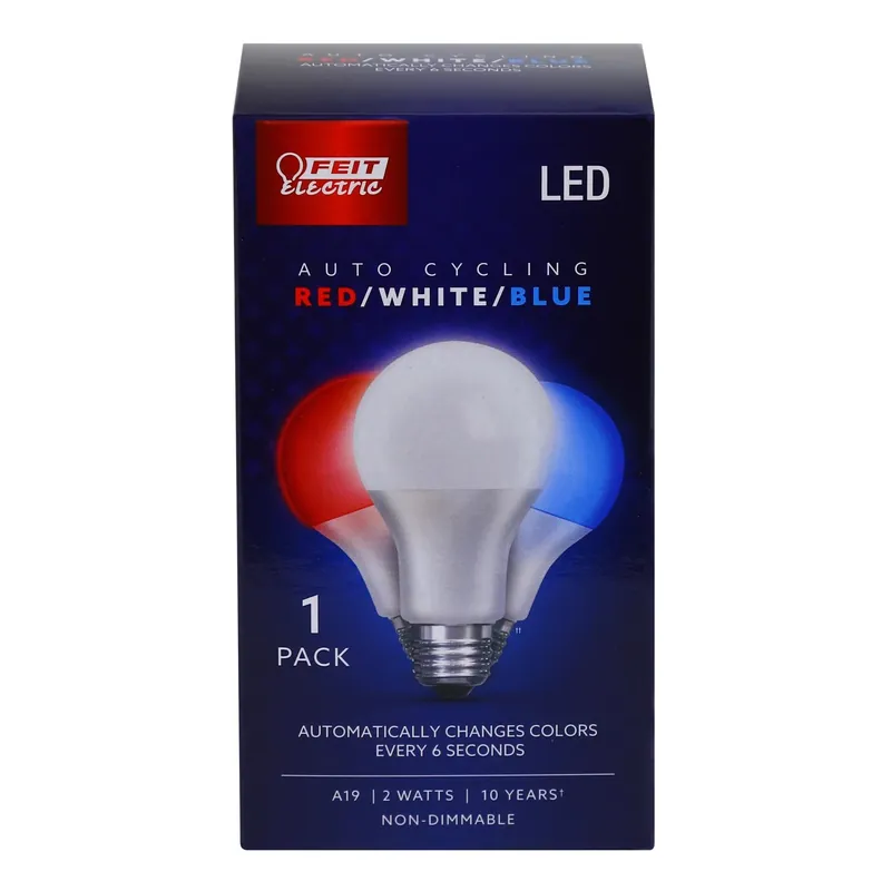 A19 E26 (medium) Auto Cycling Led Bulb Blue/red/white 2 Watt Equivalence 1 Pk