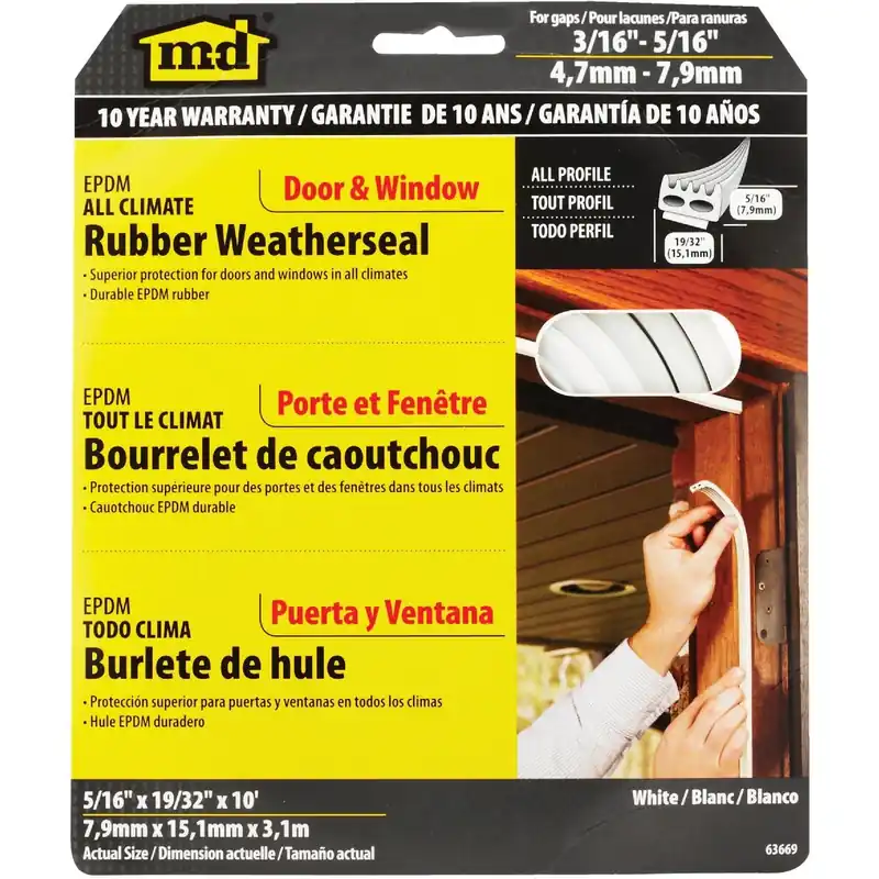 All Climate Weatherstrip, D Profile, White, 9/32-in. X 10-ft.