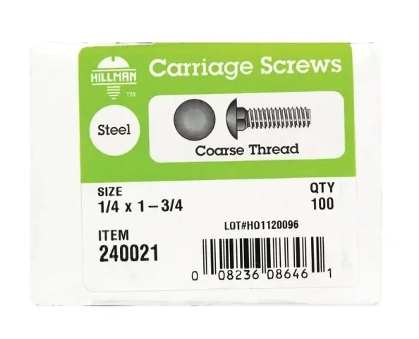 1/4 In. X 1-3/4 In. L Zinc-plated Steel Carriage Bolt 100 Pk