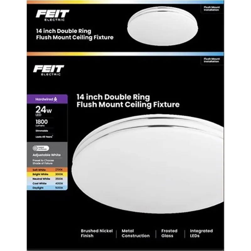 Feit Brushed Nickel Flush‑mount Ceiling Light – 14×14 in White, Dimmable, 1800 lm