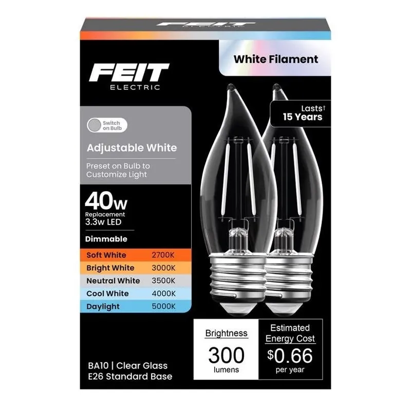 Feit Adjustable White Ba10 Led Bulb – 40w Equivalent, Dimmable, 2‑pack (e26 Medium Base)