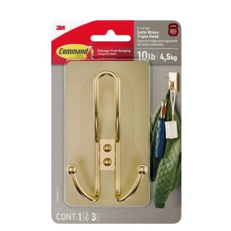 Satin Brass Triple Hook – Self‑adhesive Plastic Wall Organizer (1‑pack)