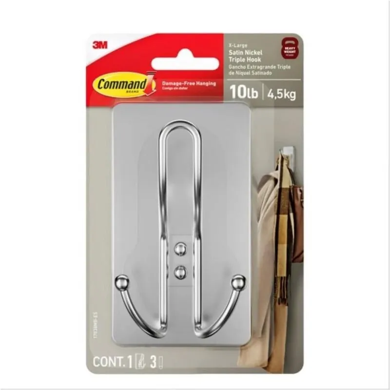 Satin Nickel Triple Hook – Self‑adhesive Plastic Wall Organizer (1‑pack)