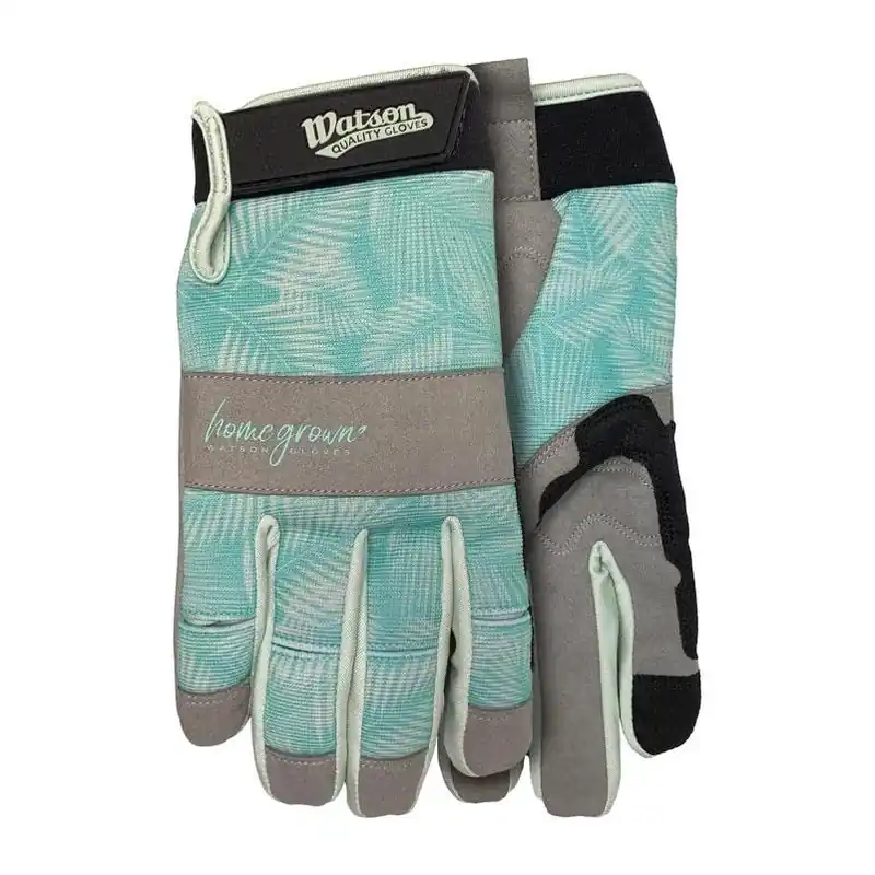 Watson Home Grown Women’s Large Spandex Gardening Gloves – Gray & Green Leaf Print