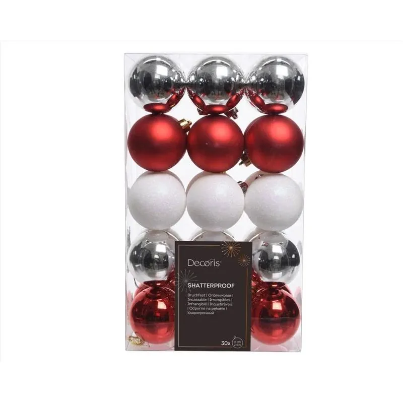 Shatterproof Holiday Ornaments – Red, Silver & White (30‑pack)