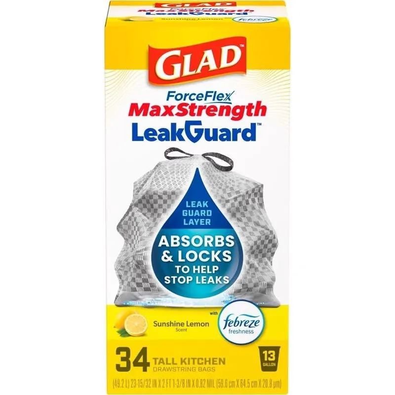 Leakguard 13‑gallon Lemon‑scented Drawstring Kitchen Trash Bags – 34 Pack