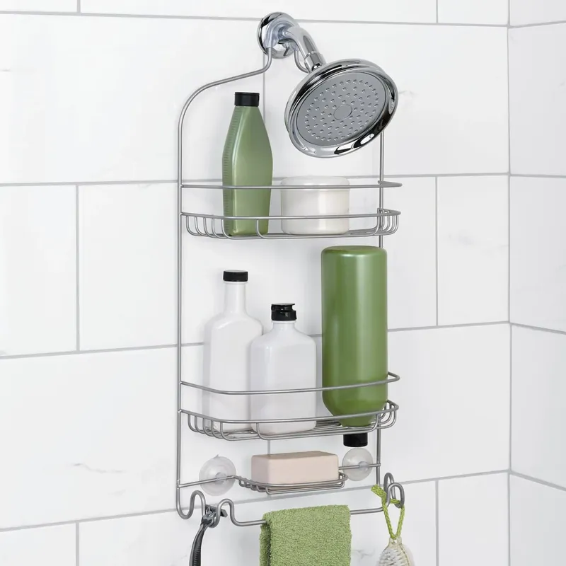 Satin Nickel Steel Shower Caddy With Two Shelves And Towel Bar