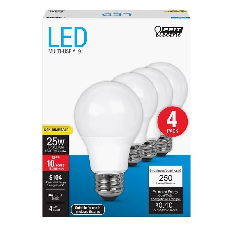4‑pack A19 Daylight Led Bulb – 3.3w (25w Equivalent)