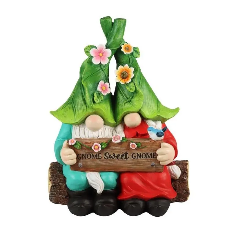 13‑inch Multicolor Resin Solar Gnome Couple With Sign