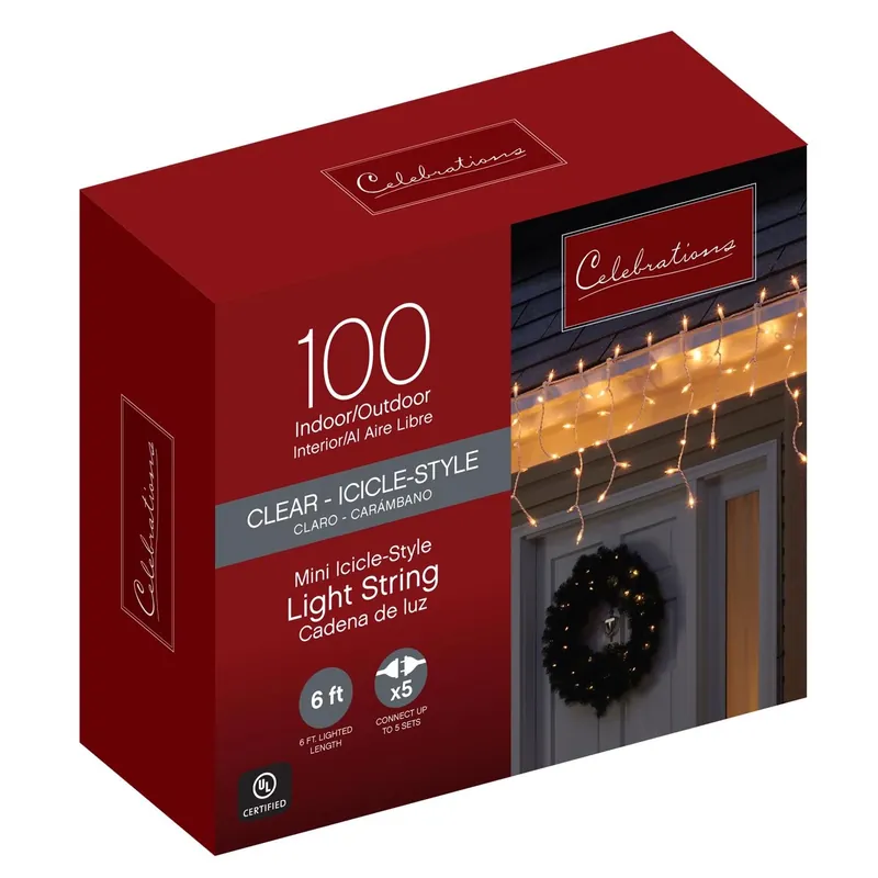 Incandescent Mini Clear Icicle Christmas Lights 5.67 Ft, 100 Bulbs