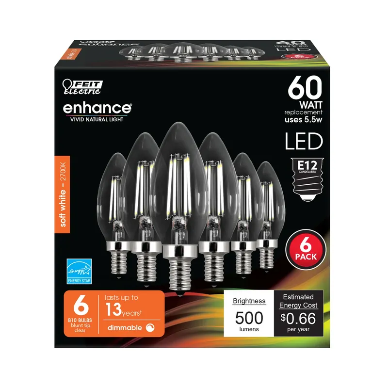 Enhance B10 E12 (candelabra) Led Bulb Soft White 60 Watt Equivalence 6 Pk
