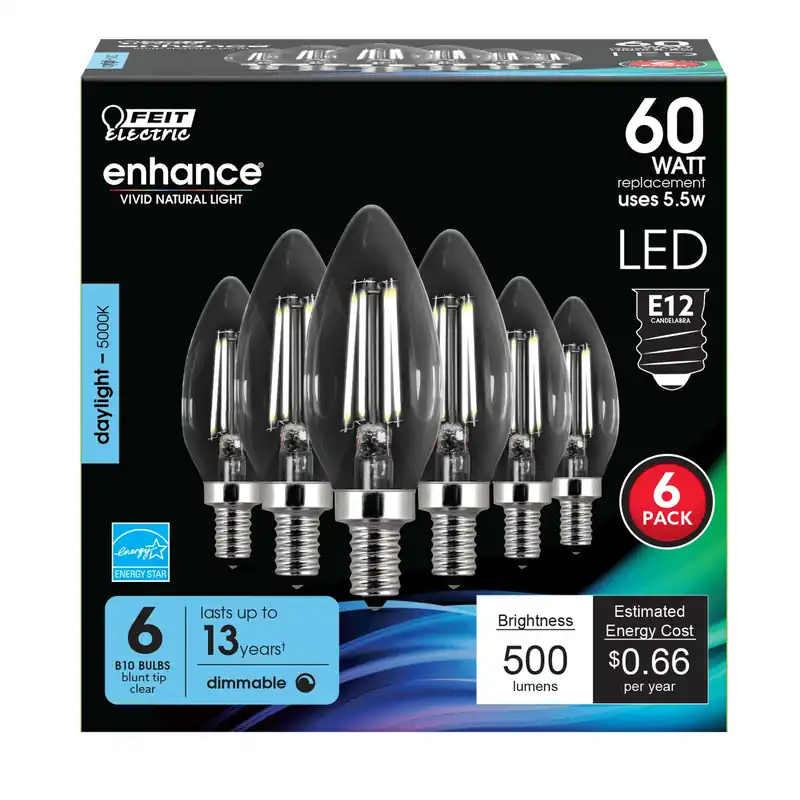 B10 E12 (candelabra) Filament Led Bulb Daylight 60 Watt Equivalence 6 Pk
