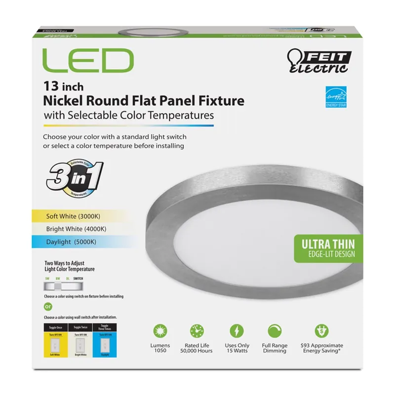 Led Edge-lit Flat Panel Recessed Ceiling Light Kit, Selectable Color Temp, Nickel, 12.5 Watt, 13 In. Round
