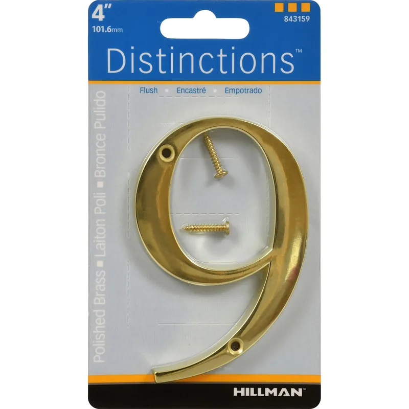 Distinctions House Address Number 9, Screw-in, Polished Brass, 4-in.