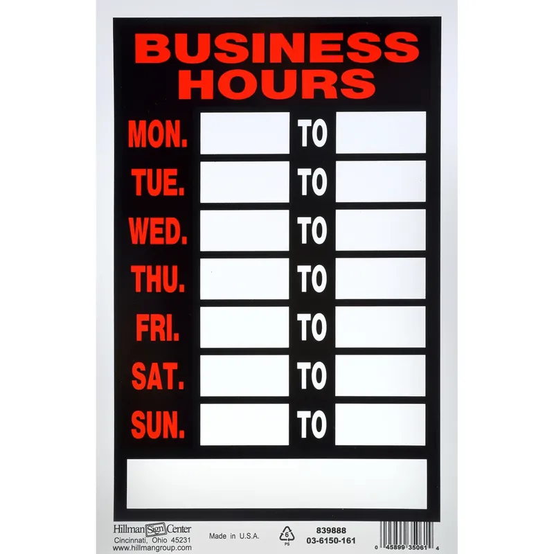 Business Hours Sign, Black And Red, 8 X 12-in.
