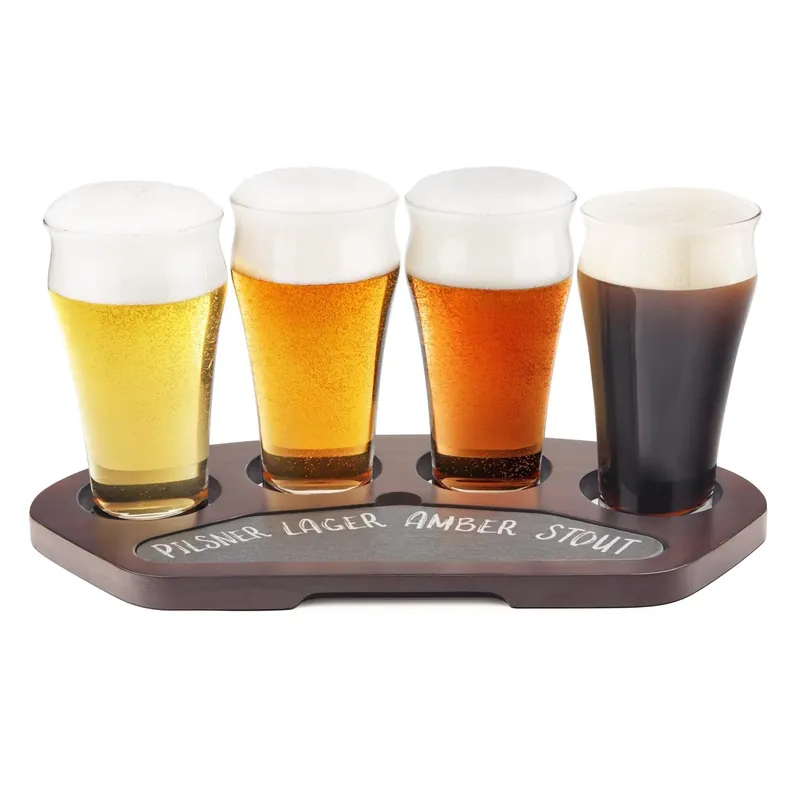 8.5 Oz Clear Glass And Wood Beer Flight Board With Boxed Packaging