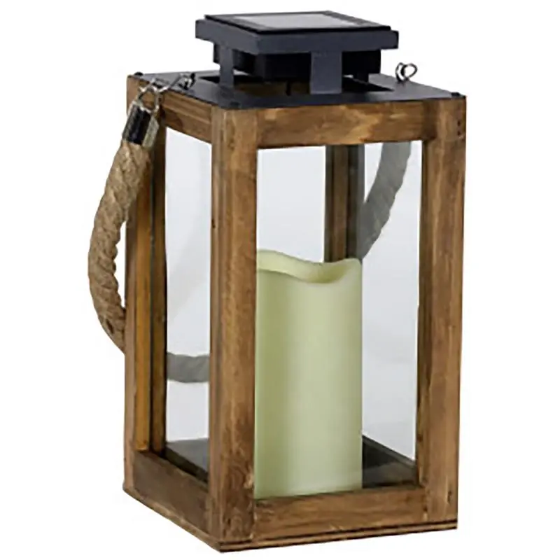 11 In. Solar Powered Glass And Wood Lantern With Candle - Black And Brown