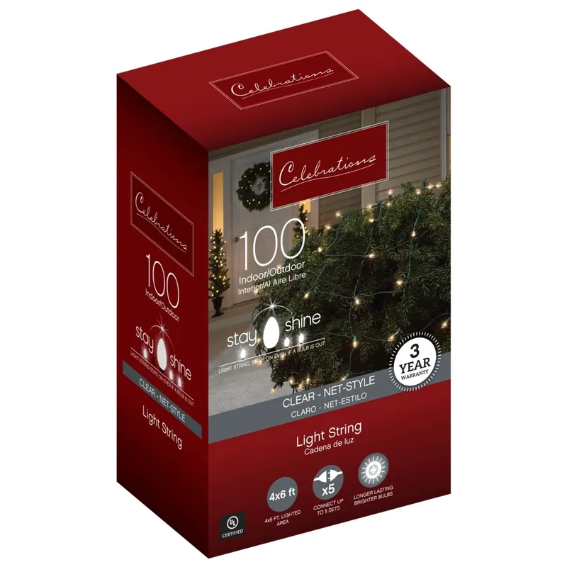 Red Incandescent Mini Clear/warm White 100 Ct Net Christmas Lights 6 Ft.