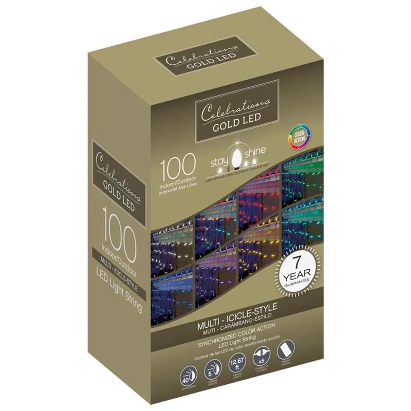 Gold Led Mini Multicolored 100 Bulb Icicle Christmas Lights 8.5 Ft.