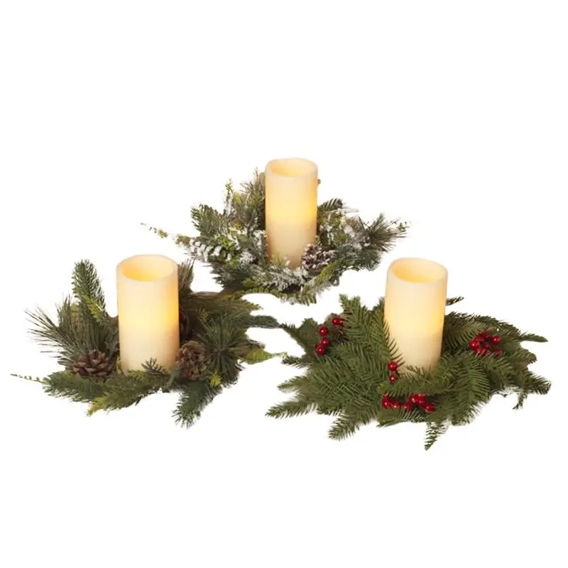 Multicolored Pine Candle Ring With Berry Candles 3 In.