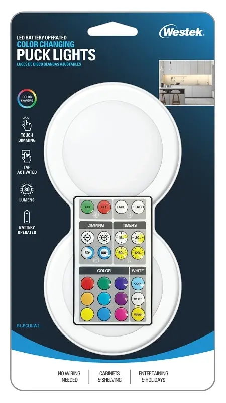White Battery Powered Led Puck Light With Remote 2 Pk