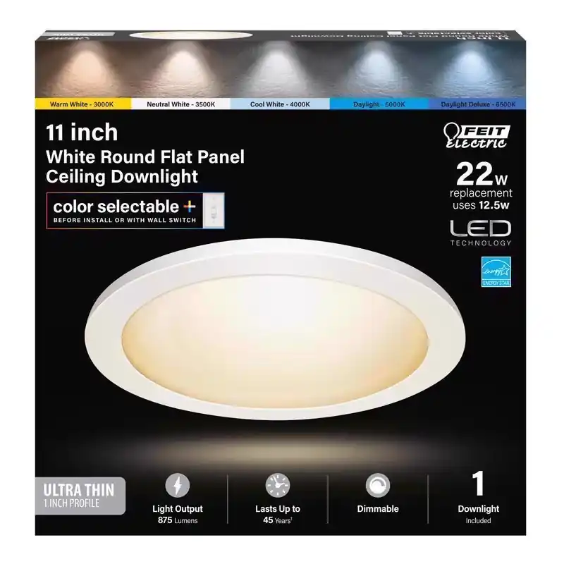 Led Edge-lit Flat Panel Recessed Ceiling Light Kit, Flush Mount, White, Selectable Color Temp, 12.5 Watt, 11 In. Round