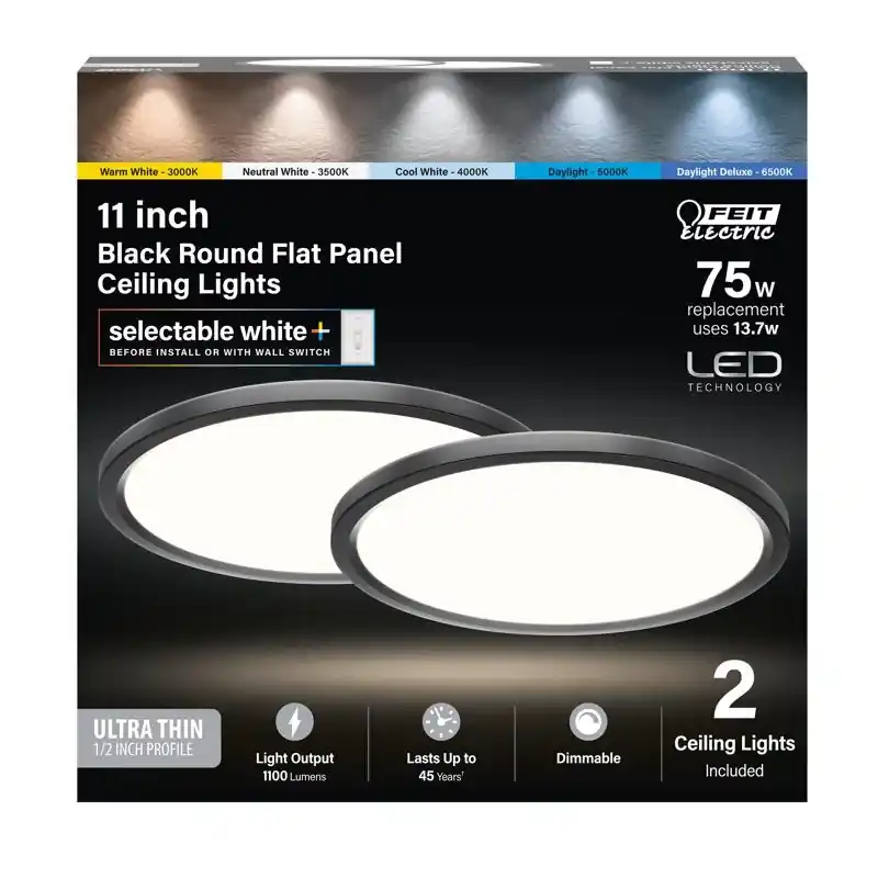 Edgelit 11 In. Led Flat Panel Light Fixture, Matte Black, Hardwired, 1100 Lumens