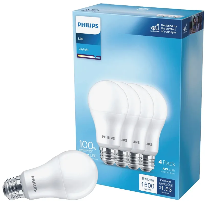 A19 E26 (medium) Led Bulb Daylight 100 Watt Equivalence 4 Pk