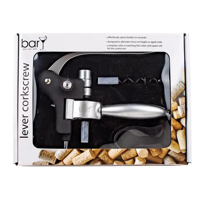 Black/silver Stainless Steel Lever Corkscrew Set With Foil Cutter And Spare Coil