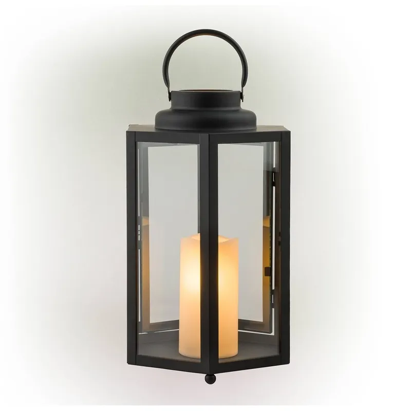 14 In. Tall Black Hexagonal Led Candle Lantern With Timer Function