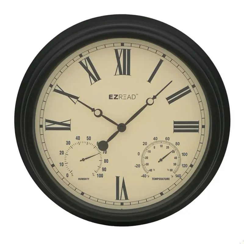 Classic Clock/thermometer/hygrometer Metal Black 15 In.