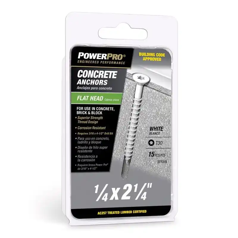 Power Pro 1/4 In. D X 2-1/4 In. L Carbon Steel Flat Head Concrete Screw Anchor 15 Pieces