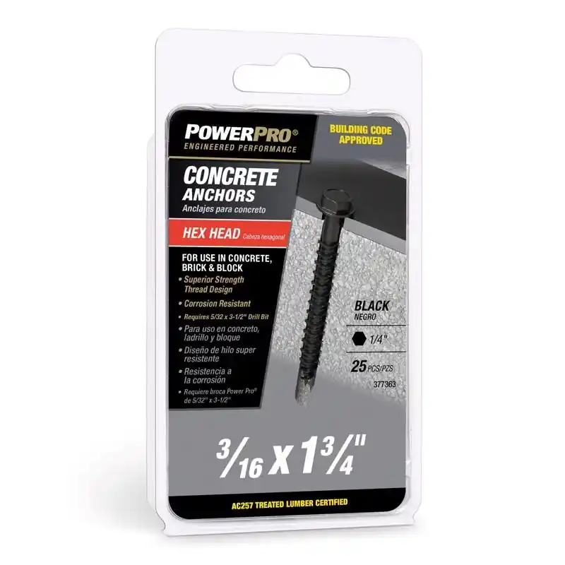 Power Pro 3/16 In. Diameter X 1-3/4 In. Length Carbon Steel Hex Head Concrete Screw Anchor