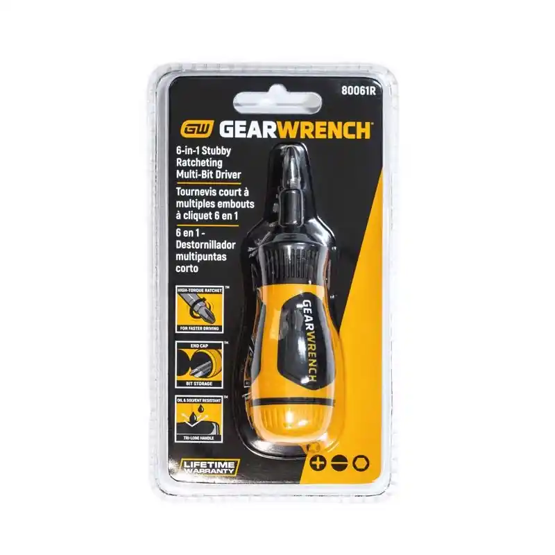 6-in-1 Stubby Ratcheting Multi-bit Screwdriver With Cushion Grip