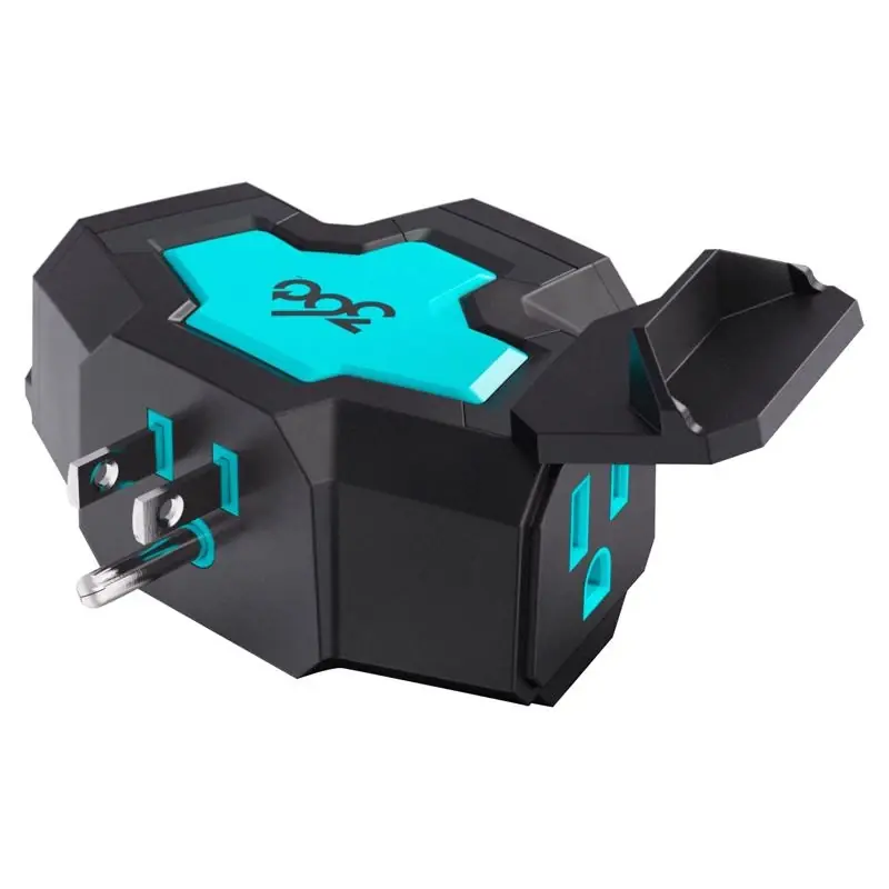 Grounded 3 Outlet Power Hub, 15 Amps, Black/teal