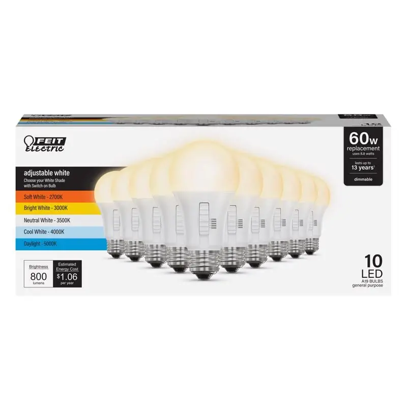 A19 E26 (medium) Led Bulb Adjustable White 60 Watt Equivalence 10 Pk