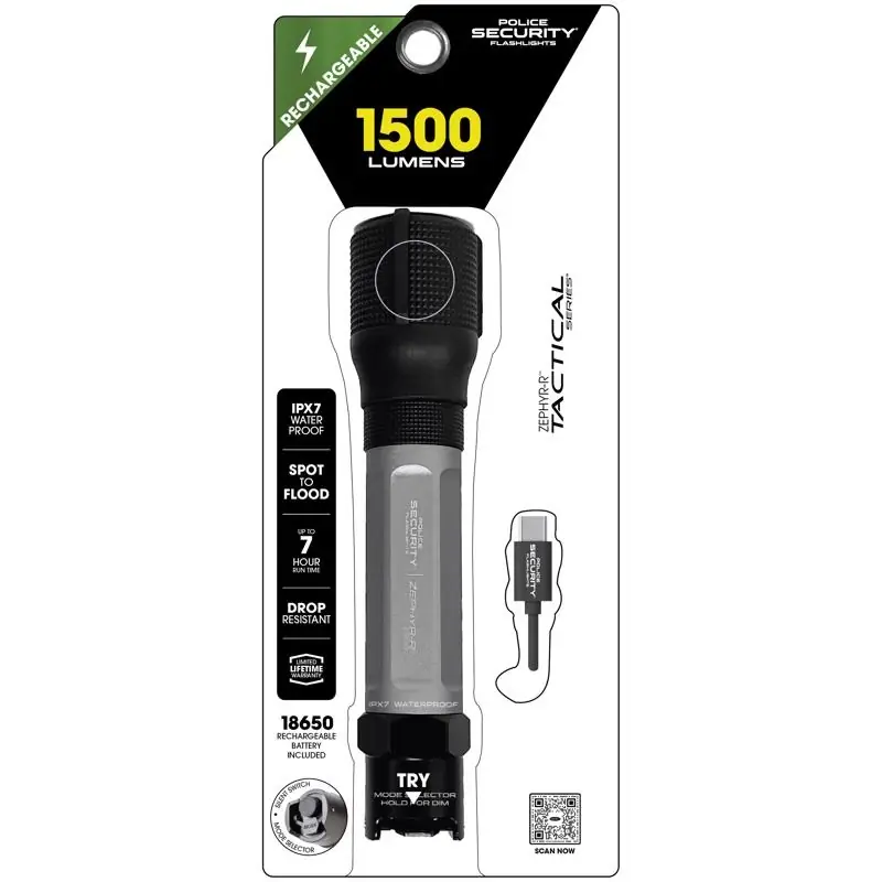 Zephyr-r 1500 Lumens Led Tactical Rechargeable Flashlight With 18650 Battery