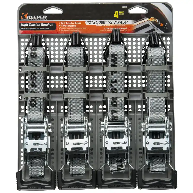 1 In. W X 12 Ft. L Gray Ratchet Tie Down Strap 1000 Lb 4 Pk