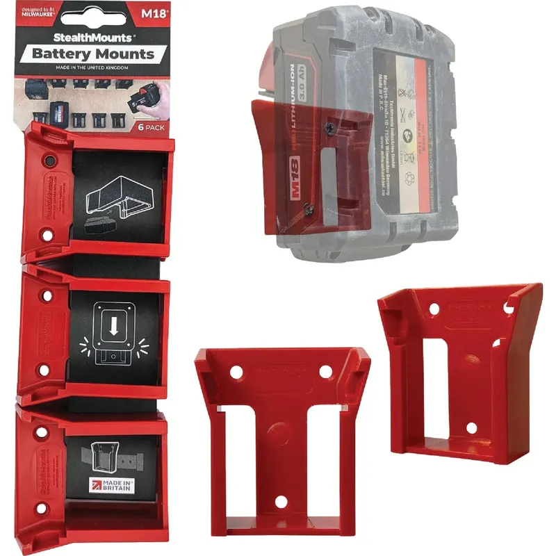 Battery Mounts Compatible With Milwaukee M18; Red Abs Battery Holder 6 Pk