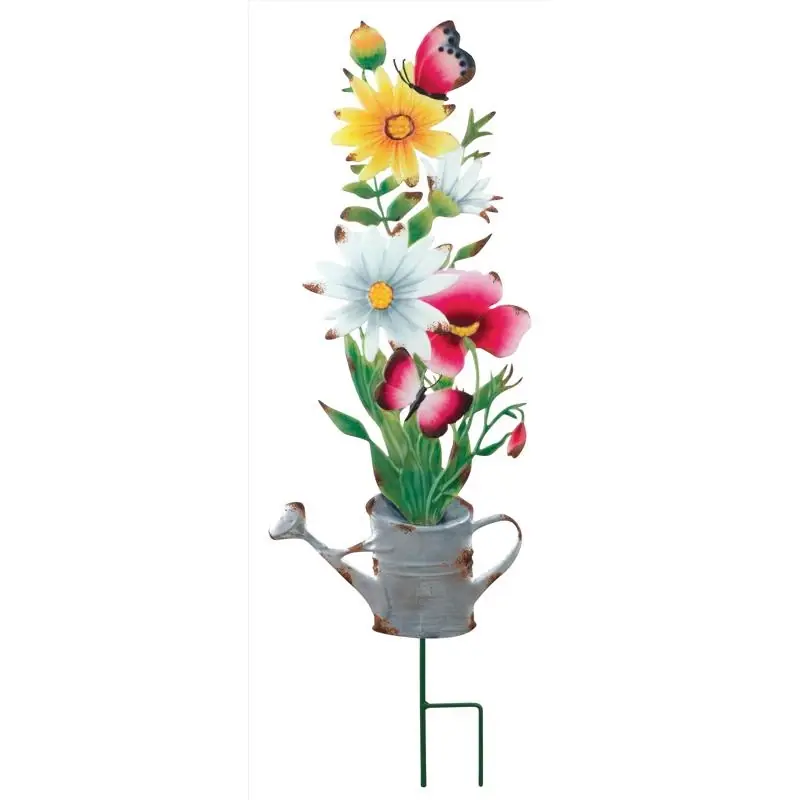 Multicolored Metal 31 In. H Flower Watering Can Outdoor Garden Stake