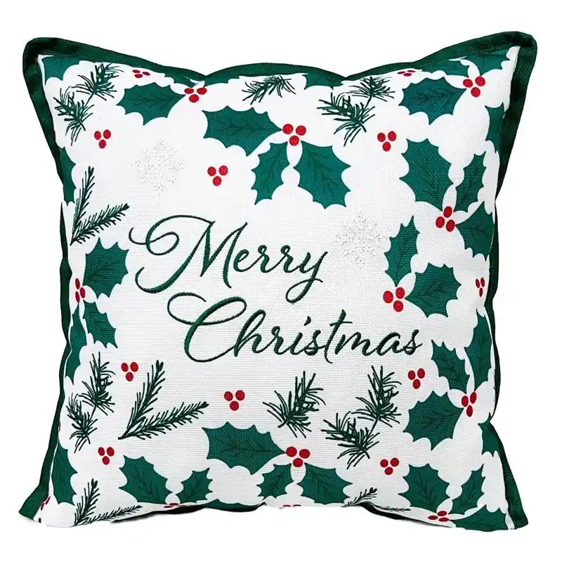 Home White Holly Berry Merry Christmas Pillow 16 Inch Polyester