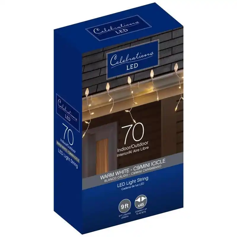 Blue Led C9 Warm White 70 Ct Icicle Christmas Lights 9 Ft.