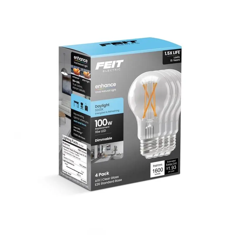 Feit A19 E26 (medium) Filament Led Bulb Daylight 100 Watt Equivalence 4 Pk