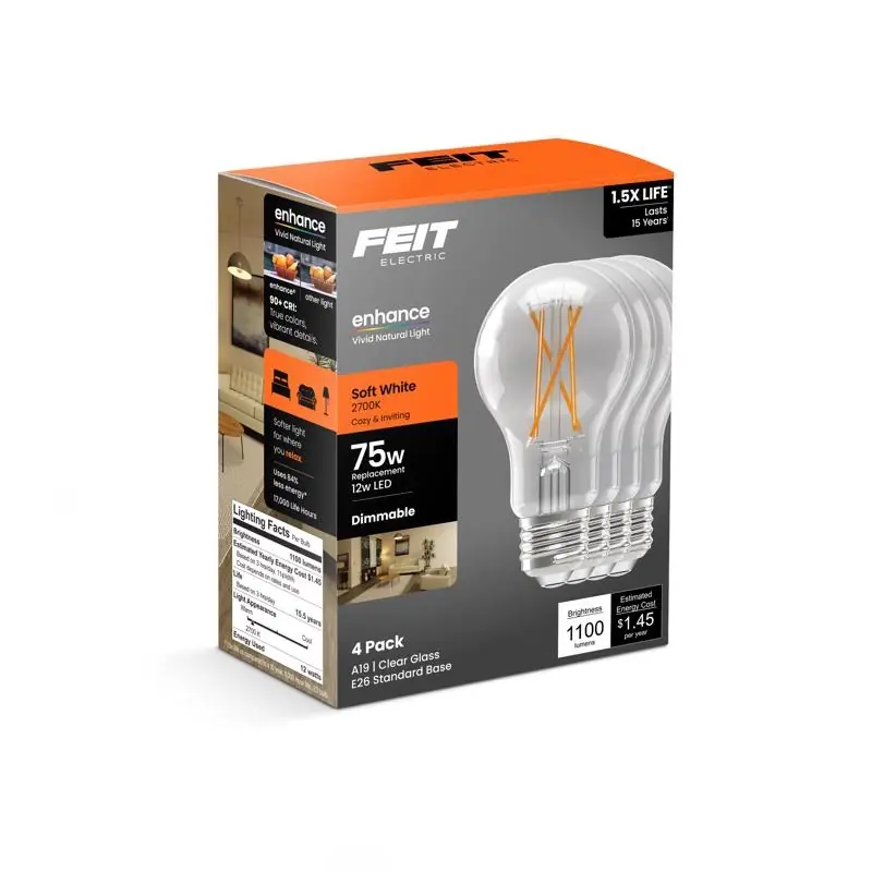Feit A19 E26 (medium) Filament Led Bulb Soft White 75 Watt Equivalence 4 Pk