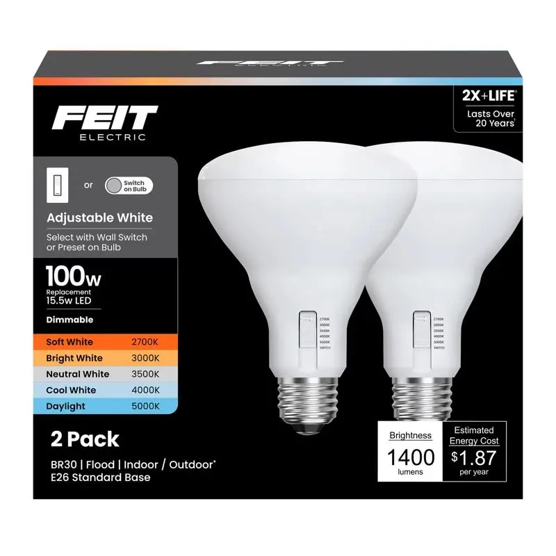 Feit Br30 E26 (medium) Led Bulb Adjustable White 100 Watt Equivalence 2 Pk