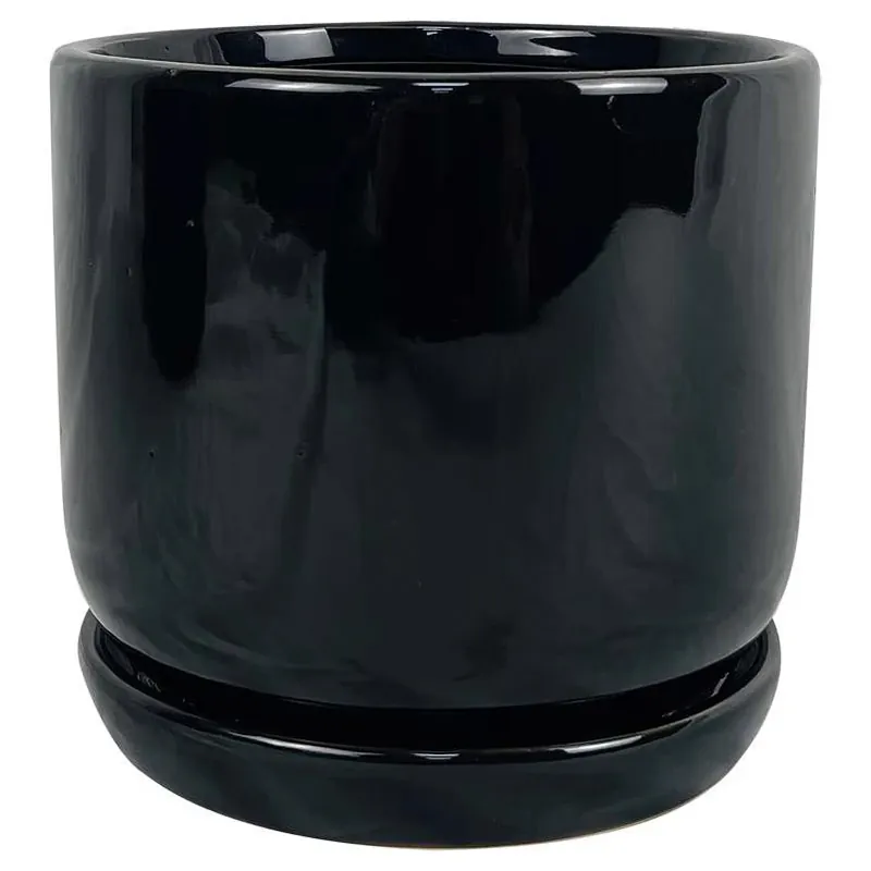 6‑inch Black Ceramic Cover Pot With Saucer – Indoor Plant Container