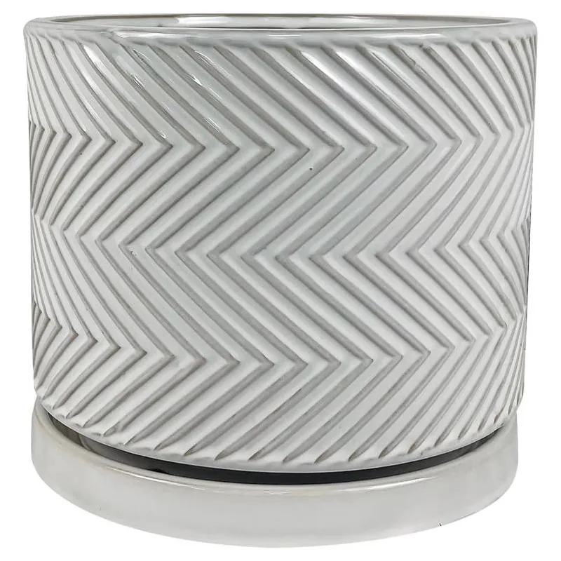 8‑inch White Ceramic Cross‑pattern Planter – Indoor Decorative Pot With Saucer