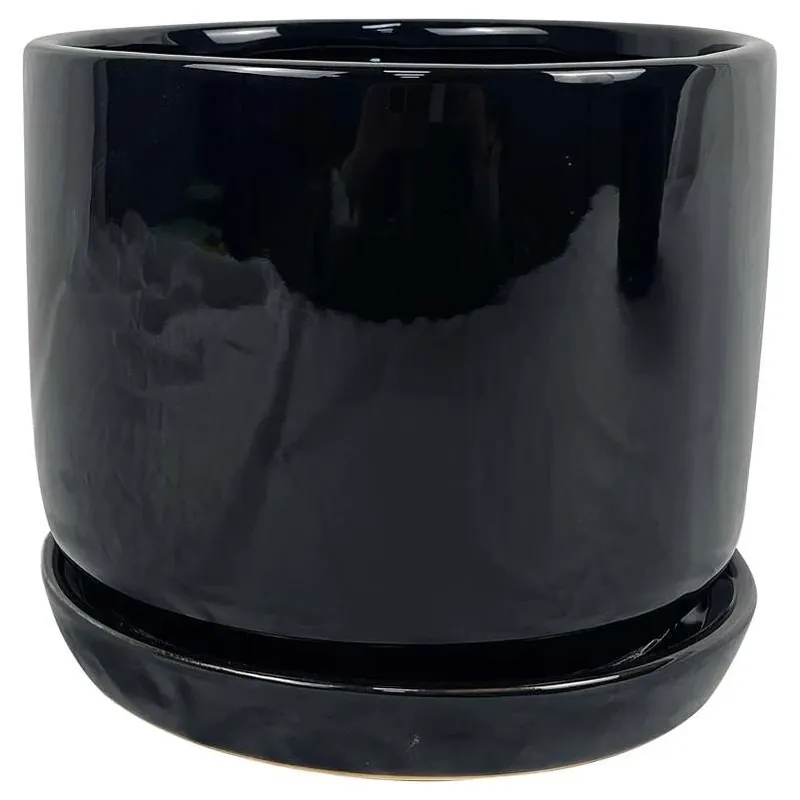 8" Black Ceramic Cover Pot With Saucer – Indoor Plant Container